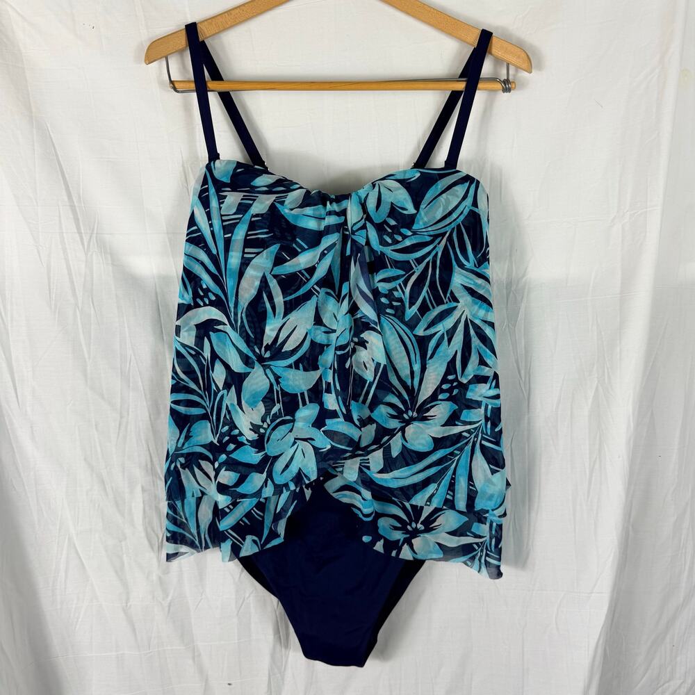 Lands End One Piece Bathing Suit 14L 547442 Blue Mesh Floral